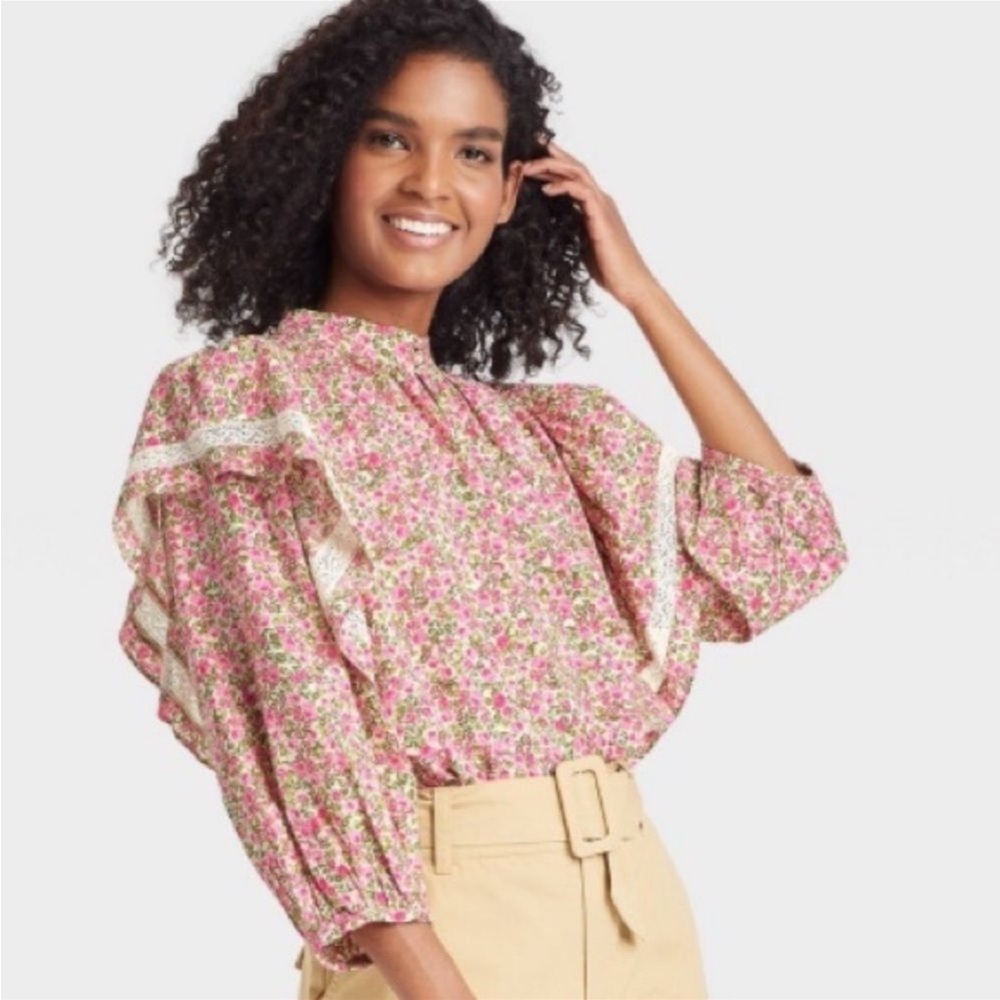 Who What Wear NWT English Floral Puff Sleeve Lace Blouse Size L